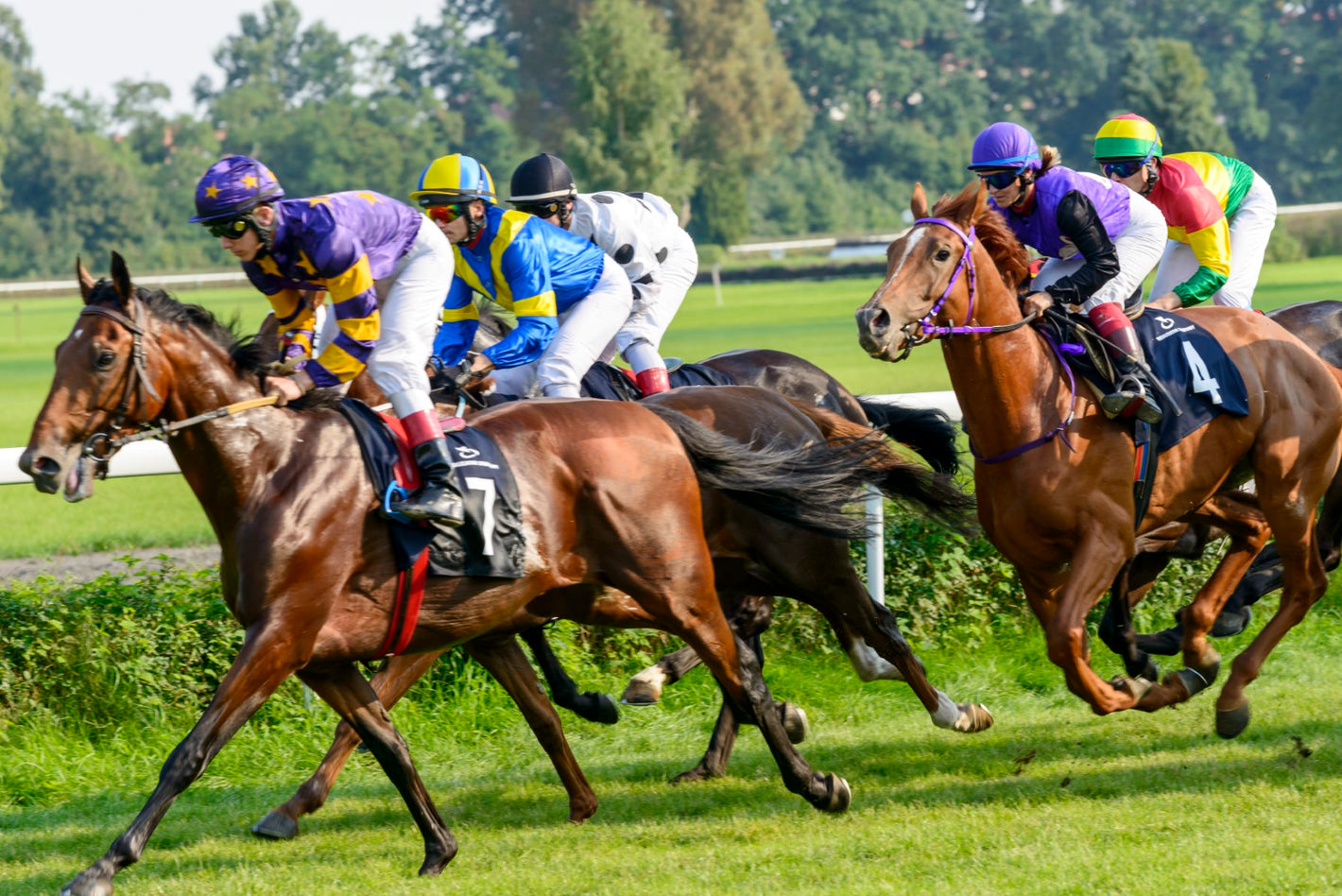 Diamond paint af et hestevæddeløb. Farverige ryttere og heste i fuld galop.