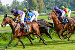 Diamond paint af et hestevæddeløb. Farverige ryttere og heste i fuld galop.