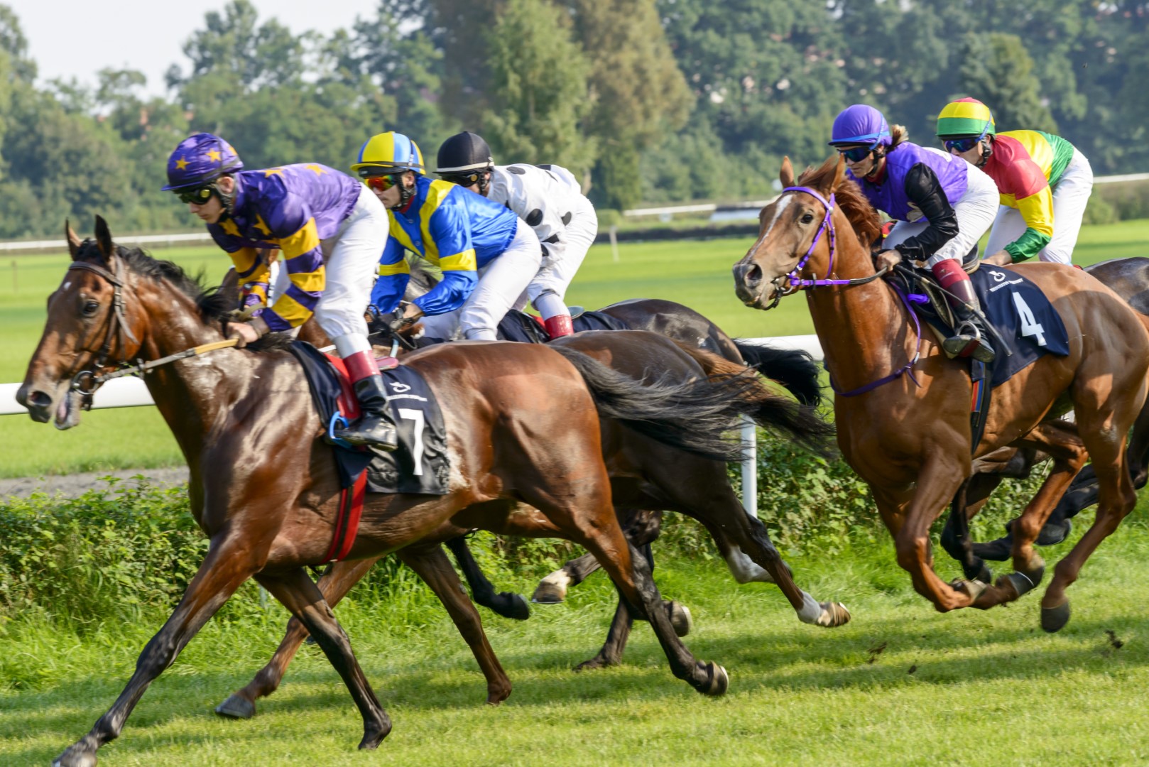 Diamond paint af et hestevæddeløb. Farverige ryttere og heste i fuld galop.