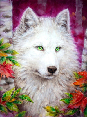 Diamond painting af hvid ulv med intense grønne øjne. Lilla baggrund med efterårsløv.