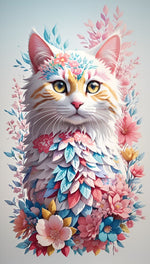 Diamond painting af hvid kat omgivet af blå og lyserøde blomster.