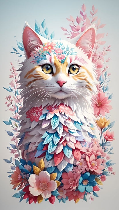 Diamond painting af hvid kat omgivet af blå og lyserøde blomster.