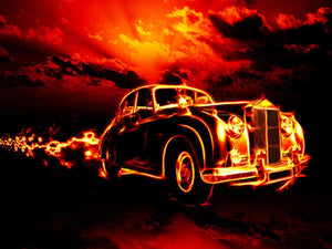 Diamond paint af klassisk Rolls Royce i guld på rød baggrund.