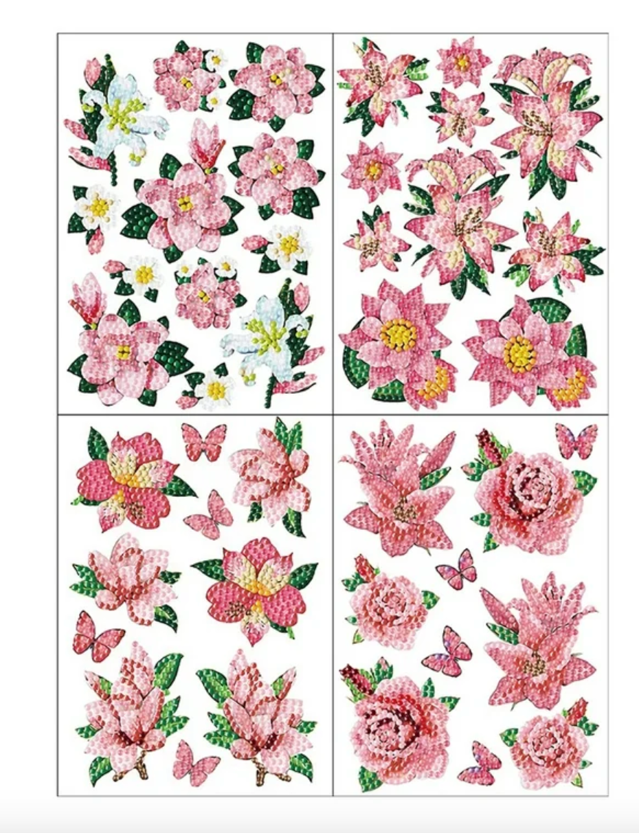 Diamond paint med lyserøde blomster og sommerfugle. 4 ark med forskellige blomster.