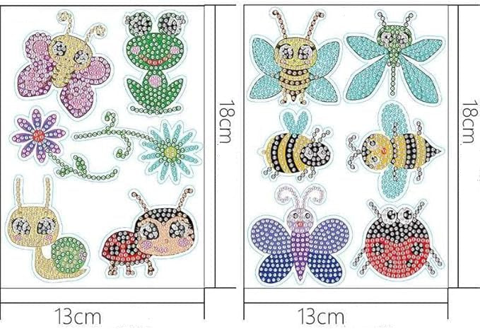 Diamond paint klistermærker med smådyr og insekter. 12 forskellige klistermærker med mål.