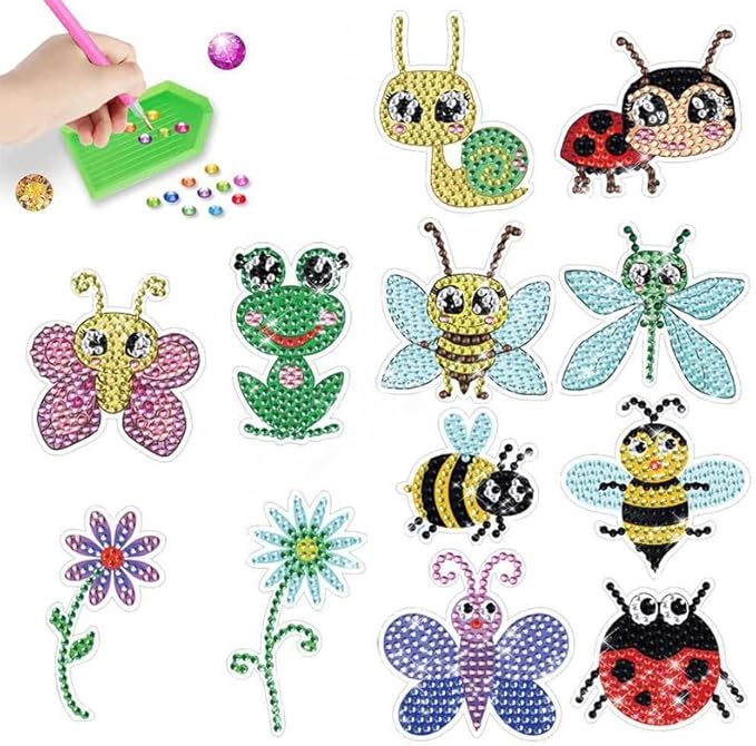 Diamond paint klistermærker med smådyr og insekter. 12 forskellige.