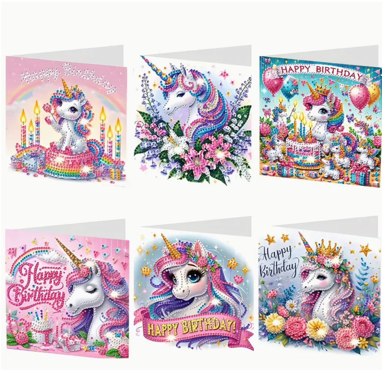 6 stk fødselsdagskort med enhjørninger. Dekoreres med diamond paint.