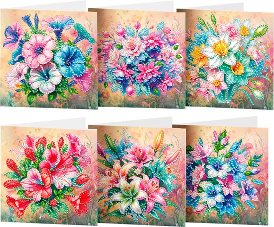 6 stk forskellige blomsterkort med diamond art. Mål: 15x30 cm. Foldes på midten.