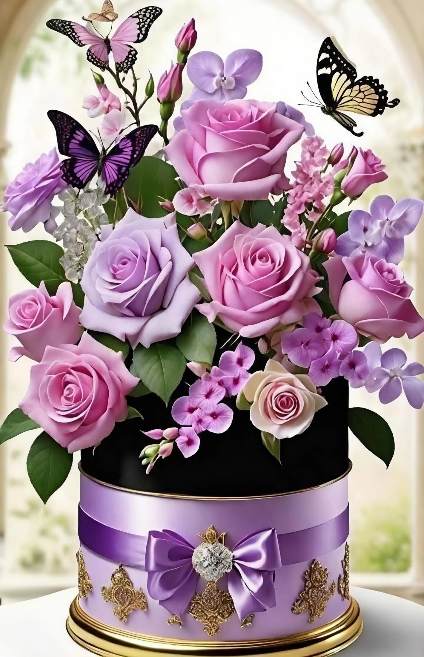 Diamond paint med AB-sten. Lilla blomsterbuket i dekorativ vase.