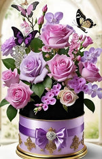 Diamond paint med AB-sten. Lilla blomsterbuket i dekorativ vase.