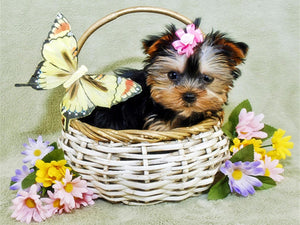 Diamond paint af en lille sort og brun hund  med en lyserød roset i en hvid fletkurv omgivet af blomster.