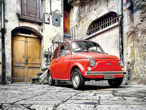 Diamond paint af en lille rød bil i italiensk brostensbelagt baggård.