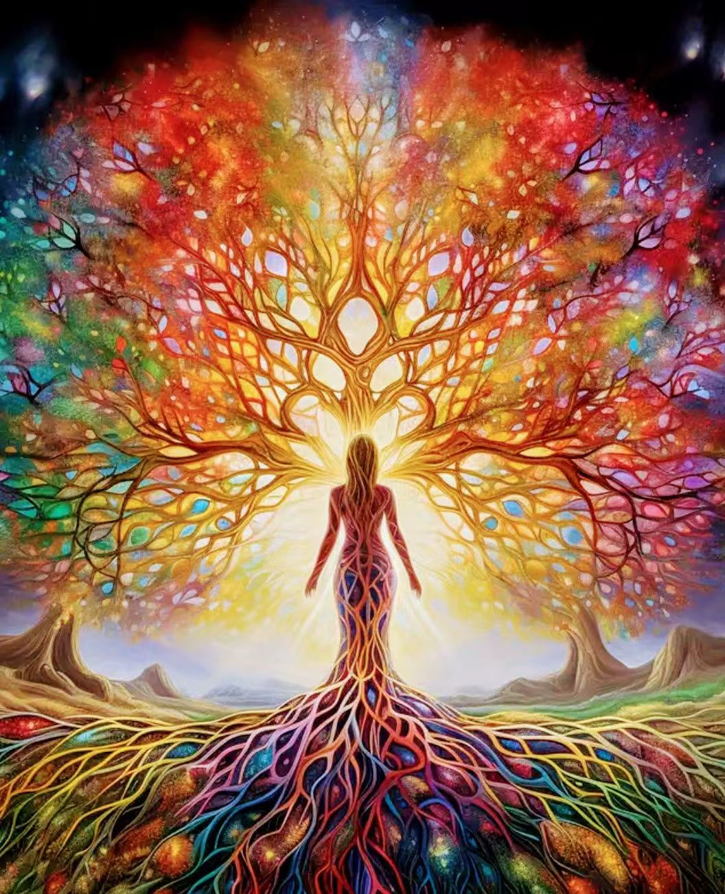 Diamond paint med AB-sten. Livets træ i stærke farver. En kvinde symboliserer træets stamme og rødder.