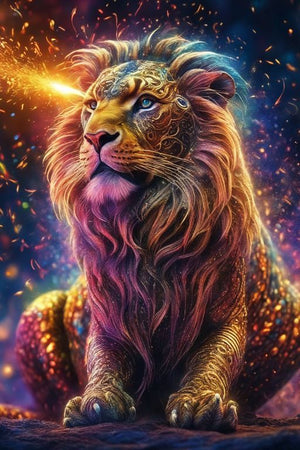 Diamond paint med AB-sten. Magisk løve i dramatiske farver.