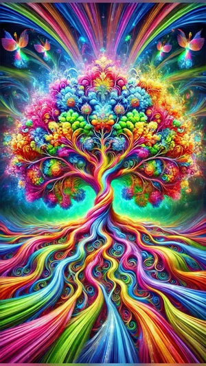 Diamond paint med AB-sten. Regnbuetræ i stærke farver og mønstre.