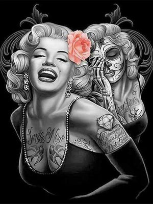 Diamond paint af Marilyn Monroe. Mexicansk kunst i sort/hvid med lyserød rose.
