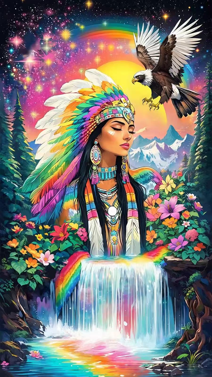 Diamond paint med AB-sten. Indfødt amerikansk pige omgivet af symbolik. Klare farver.