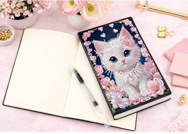 Diamond painting notesbog i læder med hvid kat og lyserøde blomster. Blanke sider.