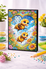 Diamond painting notesbog med to bier omgivet af blomster. Perfekt til ørn.