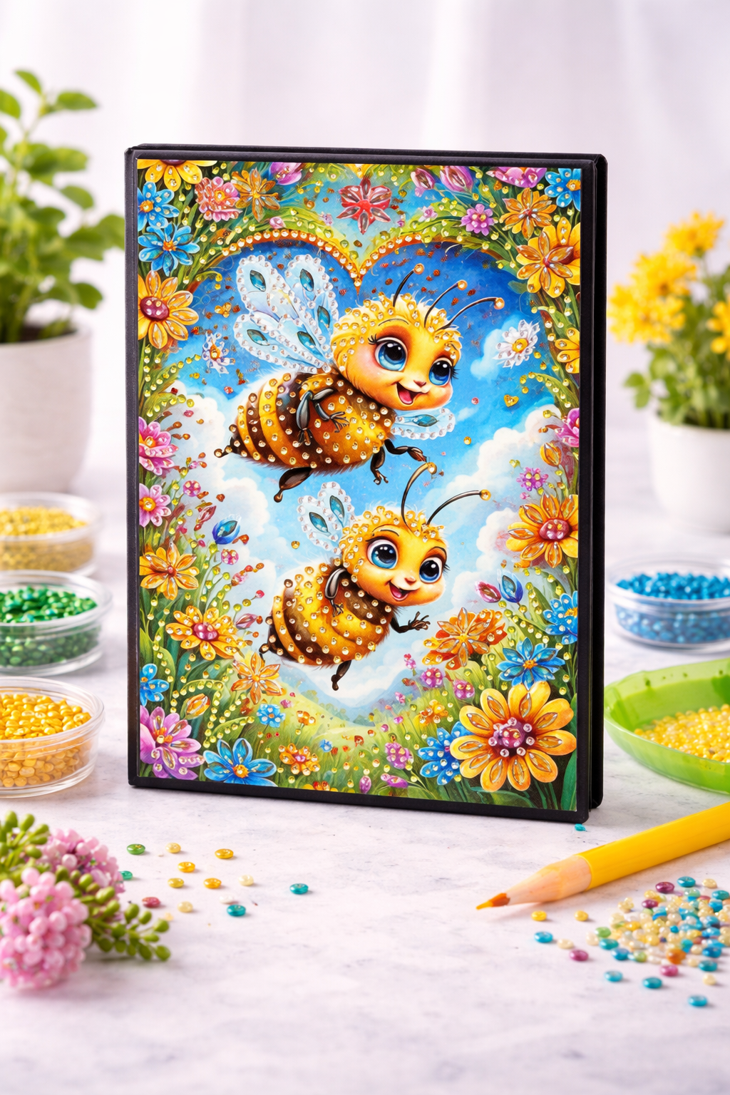 Diamond painting notesbog med to bier omgivet af blomster. Perfekt til ørn.