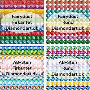 Oversigt over forskellen mellem AB-sten og Fairy Dust sten. Bruges til diamond painting.