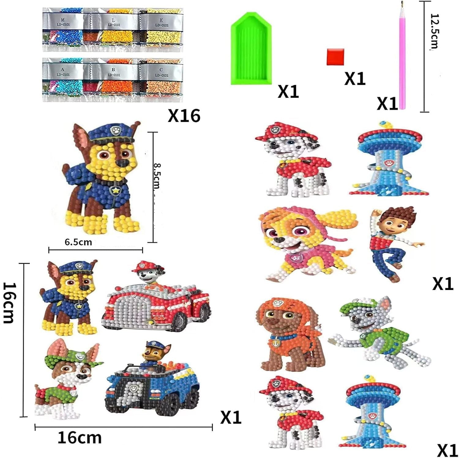 Diamond paint klistermærker - 12 stk. med Paw patrol. Indhold og mål vises her.