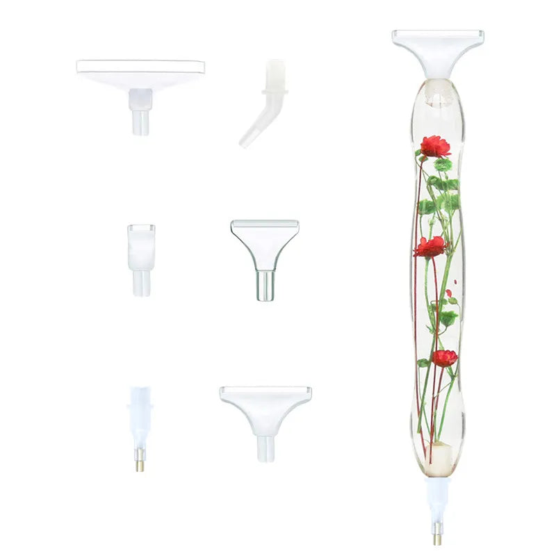 Gennemsigtig pen med tørret grøn og rød blomst i. Benyttes til diamond painting. Udskiftelige tipper.