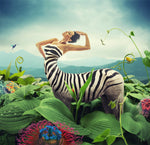 Kvinde, Zebra, Fantasi, Fantasy, Himmel, Striber, Blomster, Planter, Bjerge, Skyer