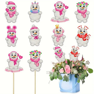 Diamond paint julepynt med forskellige snemænd på pind. Til potteplanter.