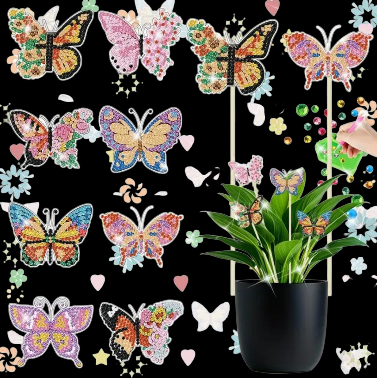 Diamond paint sommerfugle på blomsterpind. 8 forskellige motiver.