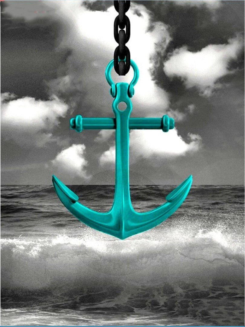 Diamond paint af turkis anker på sort/hvid baggrund af havet.