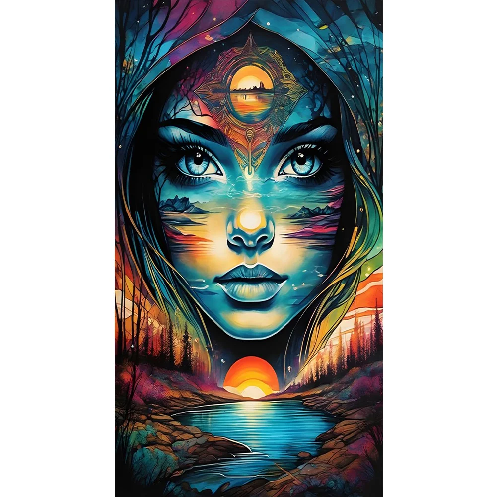 Diamond paint med AB-sten og Fairy Dust. Spirituel kvinde omgivet af natur. Stærke farver.