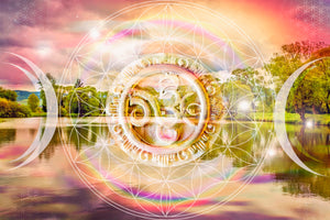 Diamond paint af spirituelt tegn på naturbaggrund. Farvetonerne er gule, lyserøde og grønne.