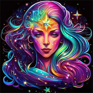 Farverig diamond paint i pangfarver af stjernetegnet Jomfruen.