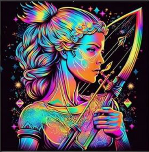 Diamond paint med stjernetegnet Skytten. Farverig kvinde med bue på sort baggrund.