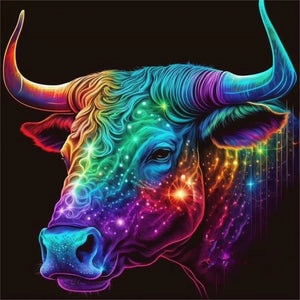 Diamond paint af stjernetegnet Tyren. Farverigt tyrehoved med stjerneglimmer på sort baggrund.