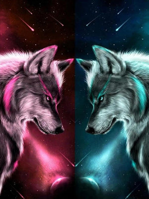 Diamond paint af to ulve - en rød og en blå, der er klar til kamp. Himmel med stjerneskud i baggrunden.