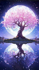 Diamond paint med AB-sten og Fairy Dust. Lyserødt træ med refleksion i månelys.