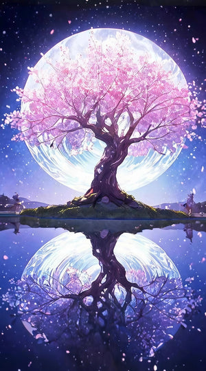 Diamond paint med AB-sten og Fairy Dust. Lyserødt træ med refleksion i månelys.