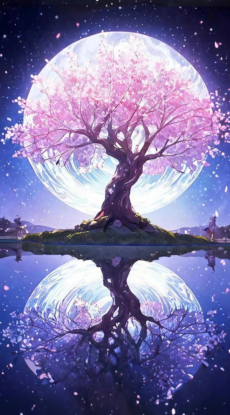 Diamond paint med AB-sten og Fairy Dust. Lyserødt træ med refleksion i månelys.