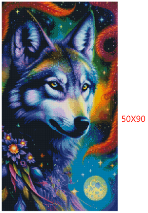 Diamond painting af en ulv i lilla nuancer. Omgivet af stjerner, månen og blomster. Layout version i 50x90 cm.