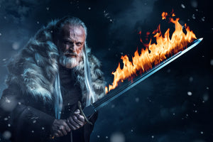 Diamond paint med ældre viking med langt hår, pelskrave og flammende sværd. Mørkt og snevejr.