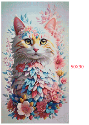 Vacker katt på vit bakgrund med blommor